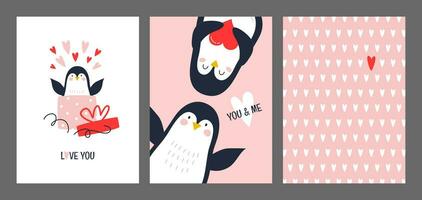 un conjunto de tarjetas con un linda pingüino, corazones y texto. vector ilustración en un rosado antecedentes para el día festivo.