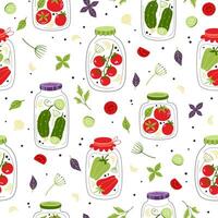 Seamless vector pattern with canned tomatoes, cucumbers and peppers.