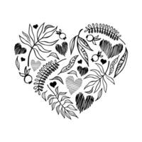 Monochrome composition in the shape of a heart from doodle elements. Vector plant elements and hearts.