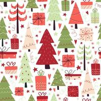 Christmas vector pattern with cute Christmas trees and gifts on a white background.