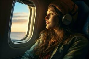 Woman passenger airplane window trip. Generate Ai photo
