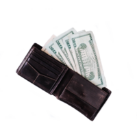 Brown male closed wallet with money on a transparent background. Close-up. png