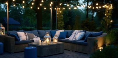 Rooftop terrace decorated with outdoor lighting and pillows photo