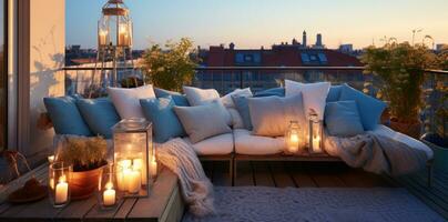 Rooftop terrace decorated with outdoor lighting and pillows photo