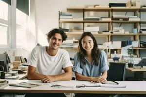 Young adult couple is smiling happy in office portrait photo