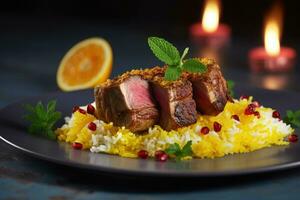 Lamb Shank Biryani Rice with lemon and mint on top Generative AI photo