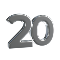 Number 20 3D Render with Silver Material png