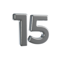 Number 15 3D Render with Silver Material png