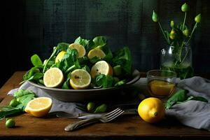 un ensalada plato de Espinacas con limones en él, generativo ai foto