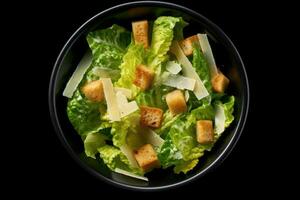 Caesar salad top view black background Generative AI photo