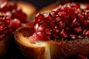 Pomegranate toast, macro shot of a fresh breakfast with Dripping Honey, AI Generated photo