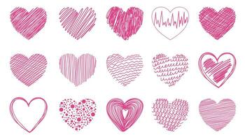 Pink heart set. Collection of heart icon hand drawn vector for love logo, heart symbol, doodle icon, greeting card and Valentine's day. Painted grunge vector shape