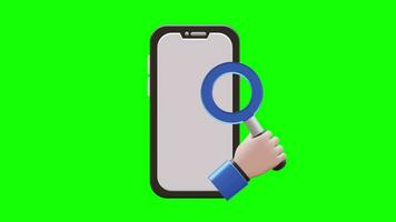 Hand Holding a Magnifying Glass,  Browsing on Smartphone 3D Animation with Green Screen Background video