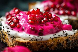 Dragonfruit toast, macro shot of a fresh breakfast with Dripping Honey, AI Generated photo