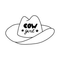 Cute hand drawn cowgirl hat doodle with outline. Sheriff hat with lettering in cowgirl and cowboy western theme. Simple doodle with print for horse ranch, wild west style. Vector clipart isolated