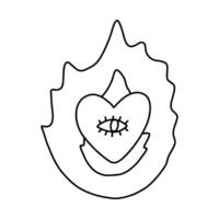 Doodle of psychedelic one-eyed heart in the flame with hand drawn with outline. Aesthetic hippy sticker in retro style of 70s. Burning heart with one eye for media, passion concepts, tattoo design vector