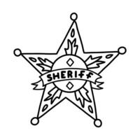 Sheriff badge doodle in the star shape with hand drawn outline. Cute emblem of western police, sign of law, security, justice. Wild West and cowboy symbol with golden elements isolated on background vector
