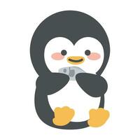 linda pingüino comiendo pescado plano dibujos animados estilo vector