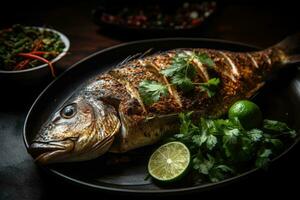 Whole fish with a grilled skin Arab food Generative AI photo