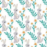 Cute bunnies in flowers and herbs seamless pattern vector