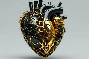 3d illustration of Human Heart made of black onyx, golden highlights AI Generated photo