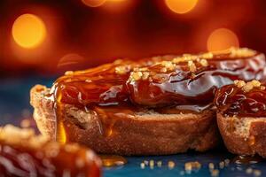 Saudi Arab Dates toast, macro shot of a fresh breakfast with Dripping Honey, AI Generated photo