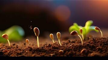 germinando semillas de vegetal en el tierra en varios estaciones, ai generado foto