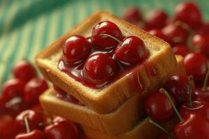 Cereza tostada, macro Disparo de un Fresco desayuno con goteo Miel, ai generado foto