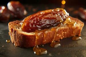 Saudi Arab Dates toast, macro shot of a fresh breakfast with Dripping Honey, AI Generated photo