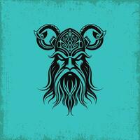 A Black Viking Helmet with Celtic Knotwork on a Teal Background vector