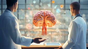 médico cirujano y neurólogo aprendizaje acerca de humano cerebro en aislamiento, humano cerebro en mano de un médico ui cubrir en pantalla generativo ai foto