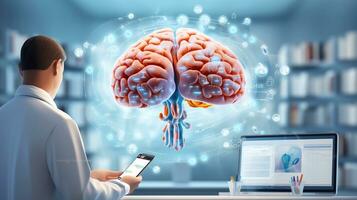 médico cirujano y neurólogo aprendizaje acerca de humano cerebro en aislamiento, ui cubrir en pantalla generativo ai foto