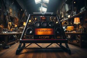 photo of electronics elements scene, big speakers with stand in a studio generative ai
