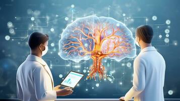 doctor surgeon and neurologist learning about human brain in isolation, human brain is on big screen ui overlay on screen generative ai photo