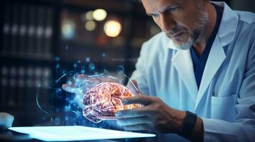 médico cirujano y neurólogo experimentando con humano cerebro en aislamiento, humano cerebro en mano de un médico generativo ai foto