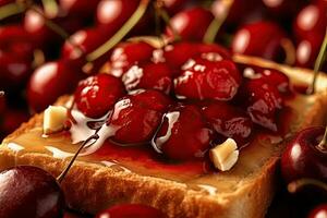 cherry toast, macro shot of a fresh breakfast with Dripping Honey, AI Generated photo