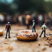 social structures donut with marshmallows and tiny people, AI Generated photo