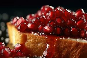 Pomegranate toast, macro shot of a fresh breakfast with Dripping Honey, AI Generated photo