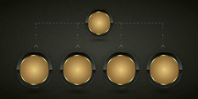 gráfico de circulo corteza botones en grupo de cinco oscuro y glod acero elementos, cinco lujo realista brillante metal botones. y ocho dorado circulo botones vector