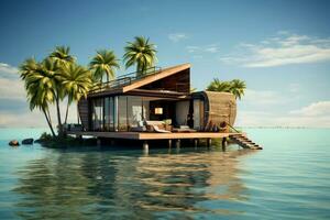 Tiny island in the middle of the ocean with modern beach house with wooden cladding and palms photo