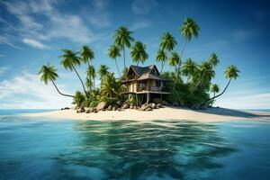 Tiny island in the middle of the ocean with beach house and palms photo