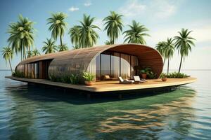 Tiny island in the middle of the ocean with modern beach house with wooden cladding and palms photo