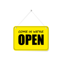 Come in We are open in a sign with a rope on a transparent background png