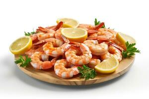 Plate of shrimp with lemon wedges on the side , Generative AI photo