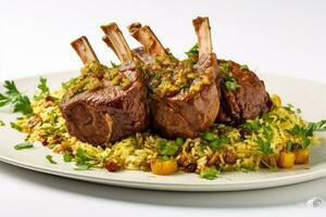 Lamb Shank Biryani Rice with lemon and mint on top Generative AI photo