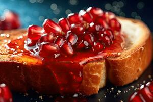 Pomegranate toast, macro shot of a fresh breakfast with Dripping Honey, AI Generated photo