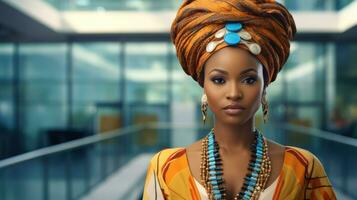 Beautiful african woman in traditional headdress, blurred office background photo