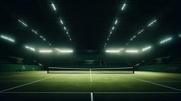 View of a tennis court with light from the spotlights over dark background photo