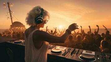 atractivo canoso Envejecido mujer DJ a un playa fiesta durante puesta de sol. foto