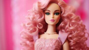 retrato de atractivo rosado muñeca aislado rosado borroso antecedentes foto